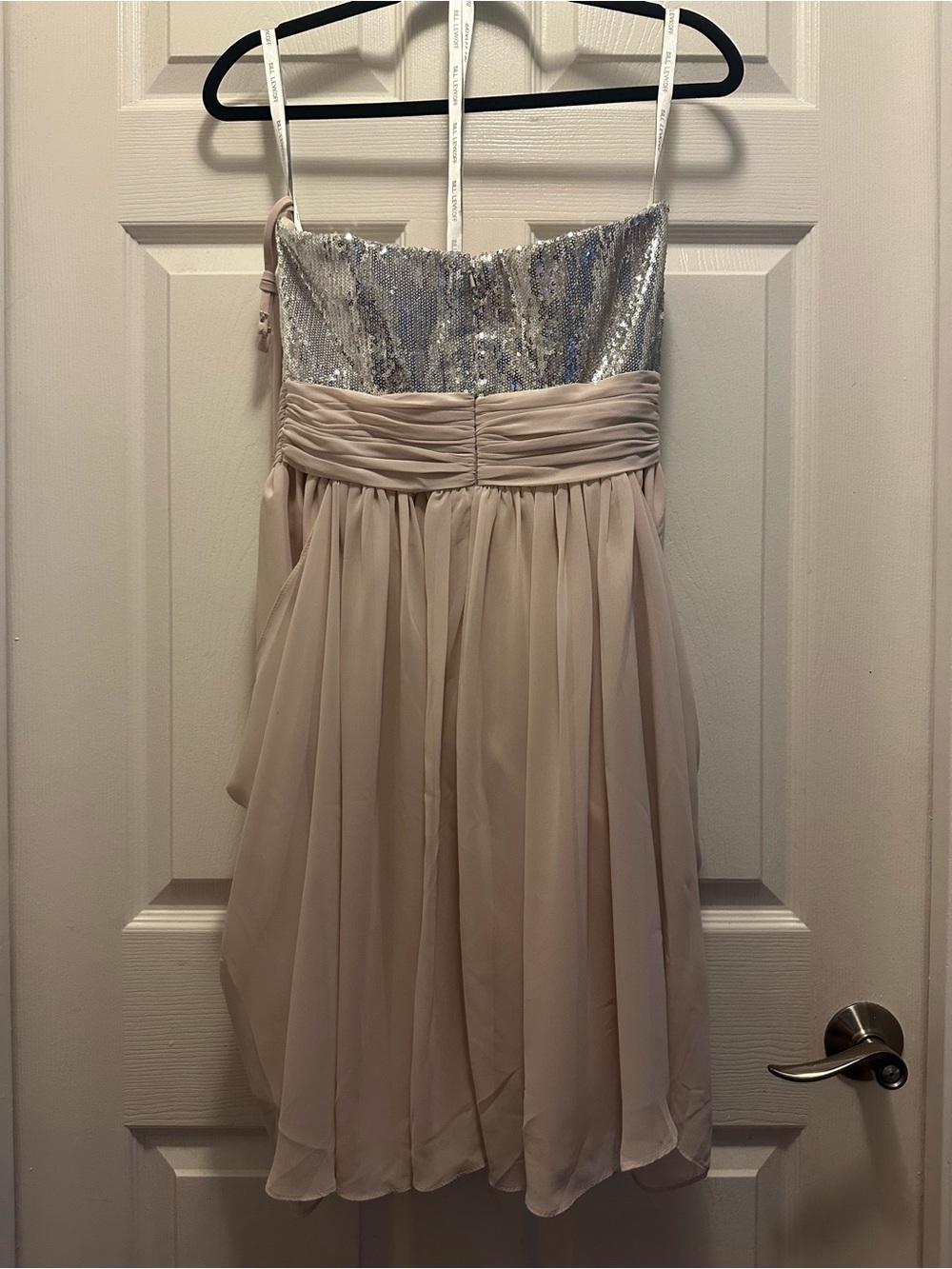 Bill Levkoff Silver Sequin Bodice Strapless Chiffon Dress - Picture 7 of 10